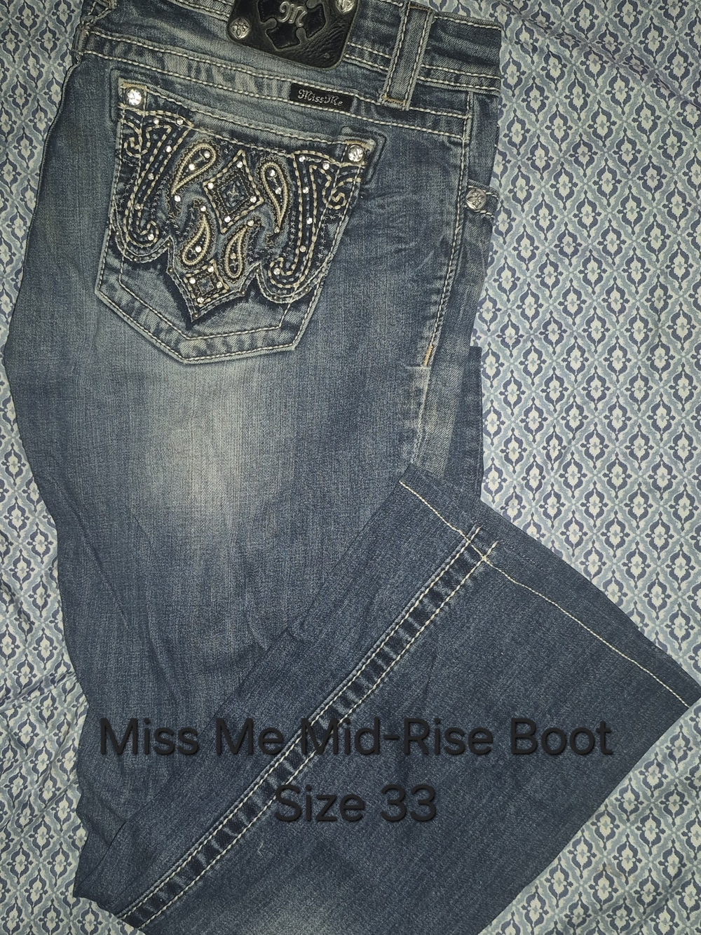 Miss Me Embellished Back Pocket Bootcut Jeans in Blue Wash